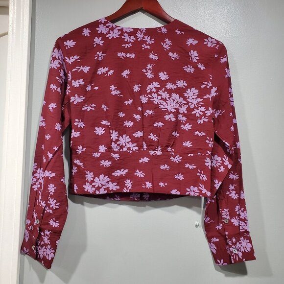 NWT Madewell Button Front V-Neck Cropped Long-Sleeved Cabernet Floral Top Sz XS - Picture 2 of 13